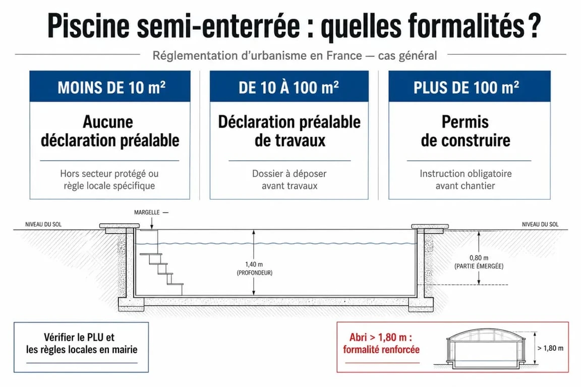 Piscine semi enterrée reglementation : seuils de 10 m², 100 m² et abri de 1,80 m