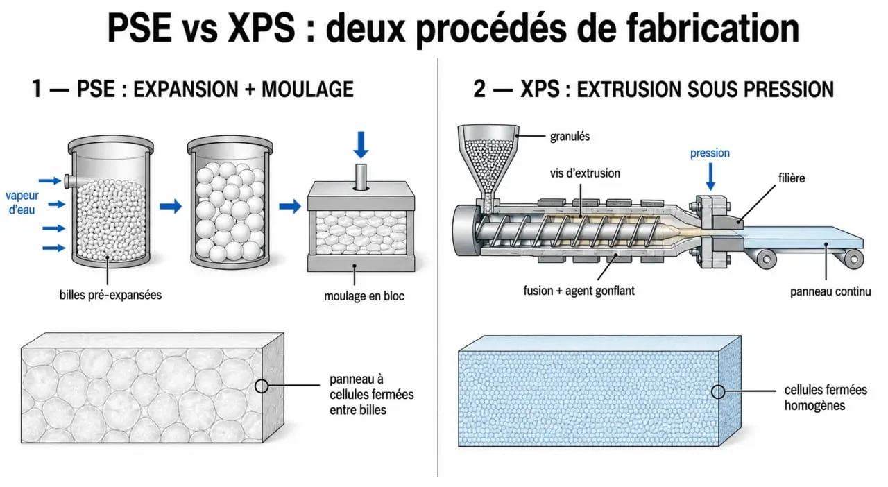 Fabrication du polystyrène expansé ou extrudé en schéma comparatif