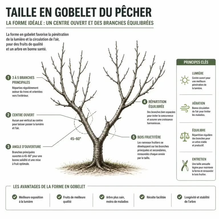 Structure idéale en gobelet pour la taille des pêchers
