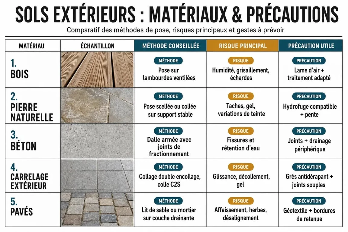 Nettoyage sol exterieur : comparatif des méthodes selon bois, pierre, béton et carrelage