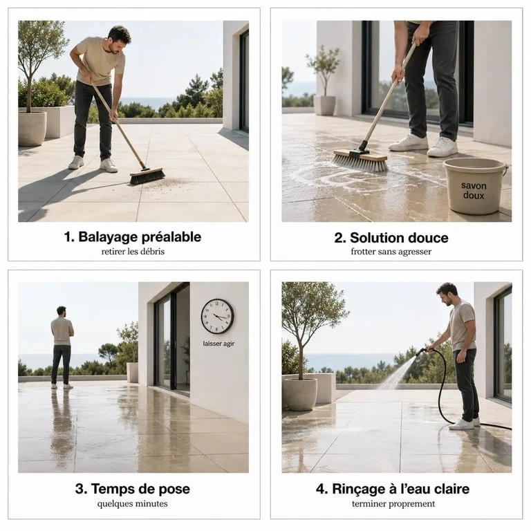 Nettoyage sol exterieur : étapes de brossage et de rinçage d’une terrasse