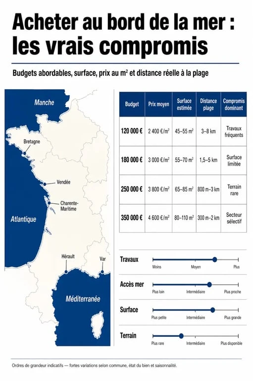 Maison pas cher au bord de la mer : comparaison des budgets, prix au m² et distance à la plage