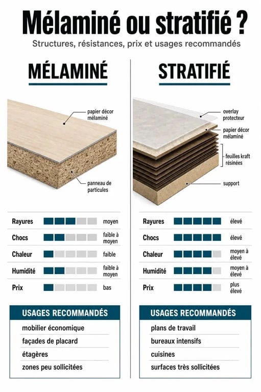 Comparatif mélaminé ou stratifié : différences de structure, résistance et usages