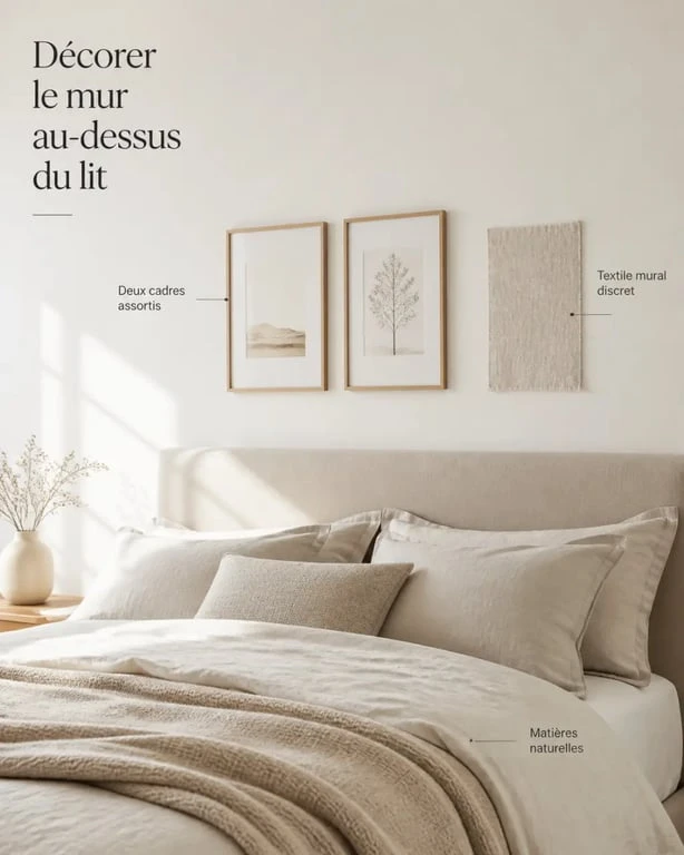 Décorer un mur blanc dans une chambre avec cadres assortis et matières naturelles
