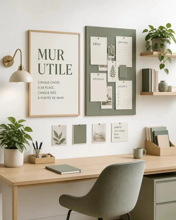 Décorer un mur blanc dans un bureau avec panneau d’inspiration et rangements muraux