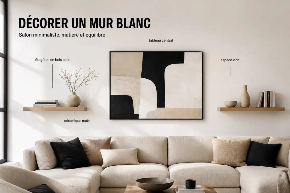 Décorer un mur blanc dans un salon avec grand tableau et étagères flottantes