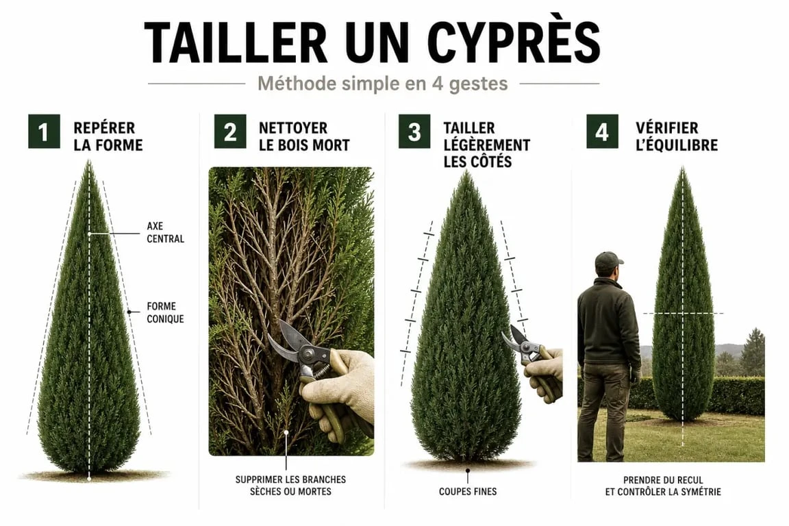 Taille cypres : étapes visuelles pour tailler proprement un cyprès