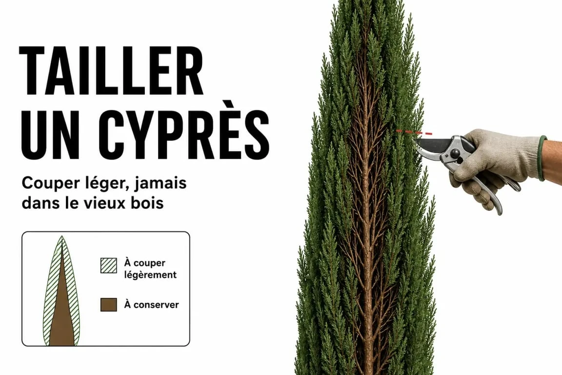 Taille cypres : schéma des coupes légères sur les parties vertes sans toucher le vieux bois