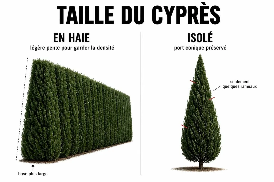 Taille cypres : comparaison visuelle entre une haie et un cyprès isolé