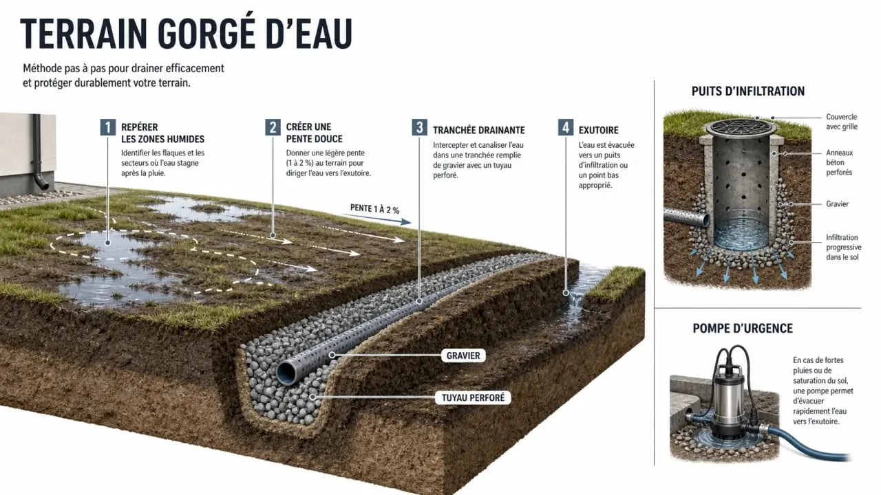 Comment drainer un terrain gorgé d'eau : schéma éditorial des solutions de drainage d'un jardin saturé