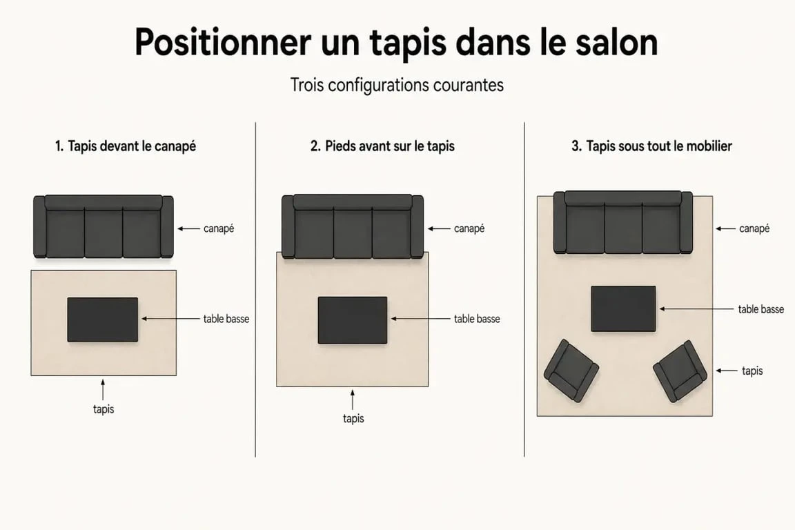 Tapis dans salon : trois positions du tapis par rapport au canapé et à la table basse