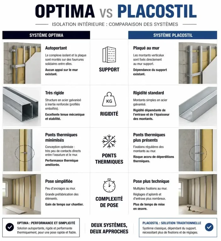 Comparatif technique des systèmes d'isolation Optima et Placostil pour murs intérieurs