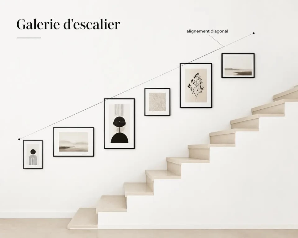 Disposition cadre mural en diagonale dans un escalier intérieur