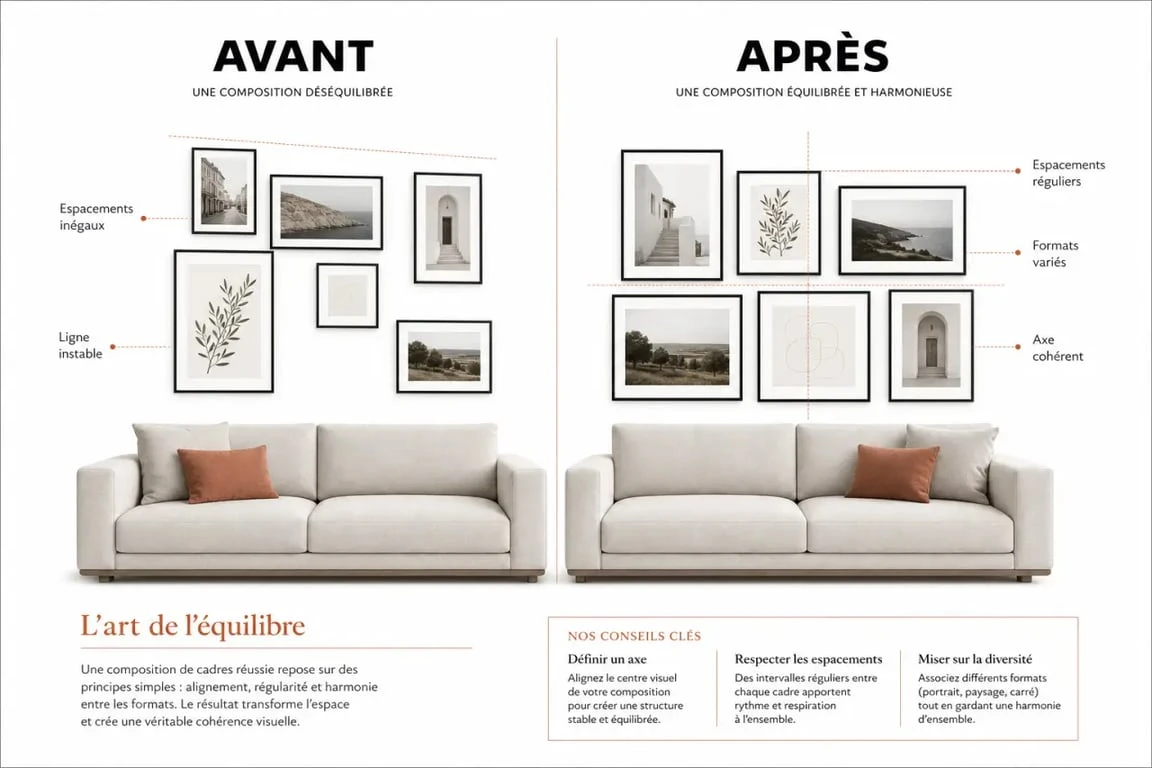 Disposition cadre mural harmonieuse au-dessus d’un canapé avec comparaison avant/après