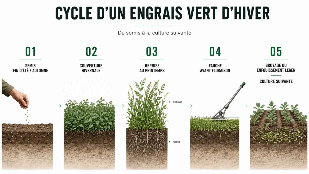 Cycle d’un engrais vert hiver au potager, du semis à la restitution au sol
