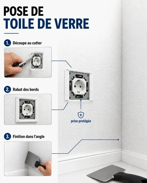 Pose toile de verre murale autour d’une prise électrique et d’un angle rentrant, avec découpe précise