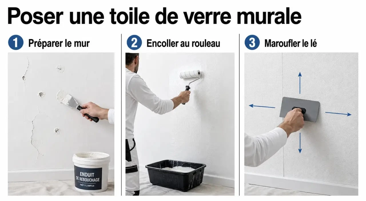 Pose toile de verre murale en trois étapes sur un mur abîmé, de la préparation au marouflage