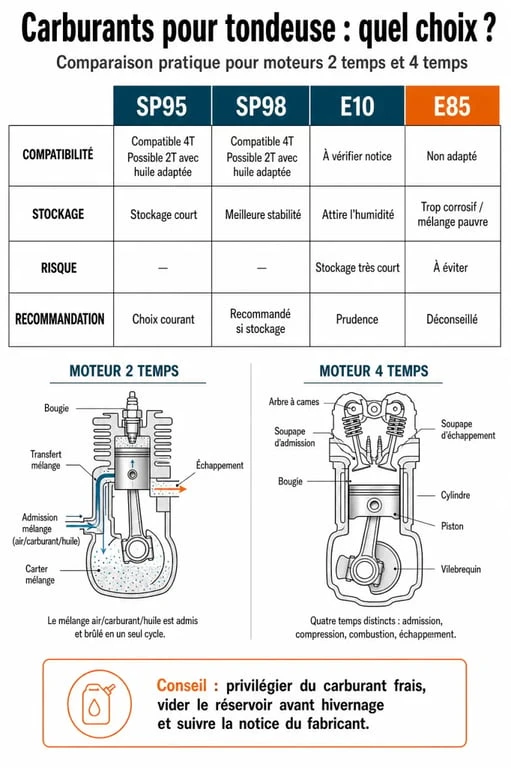 Comparatif des carburants SP95 ou 98 pour tondeuse thermique et compatibilité moteur