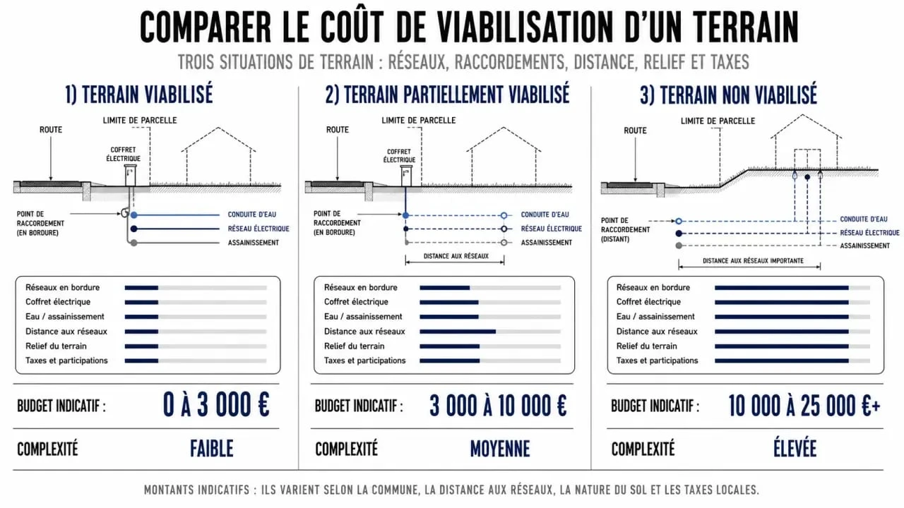 Coût terrain viabilisé comparé à un terrain non viabilisé selon les réseaux et les taxes