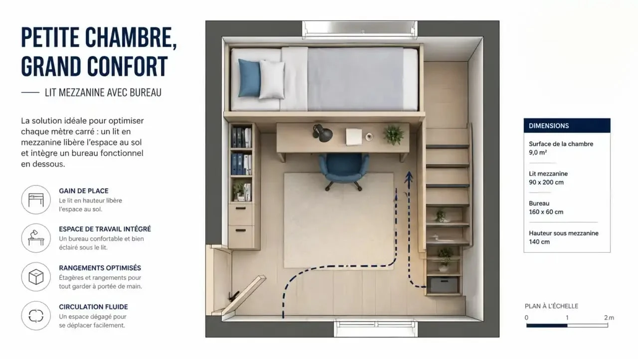 Aménagement optimisé d'une petite chambre avec un lit mezzanine