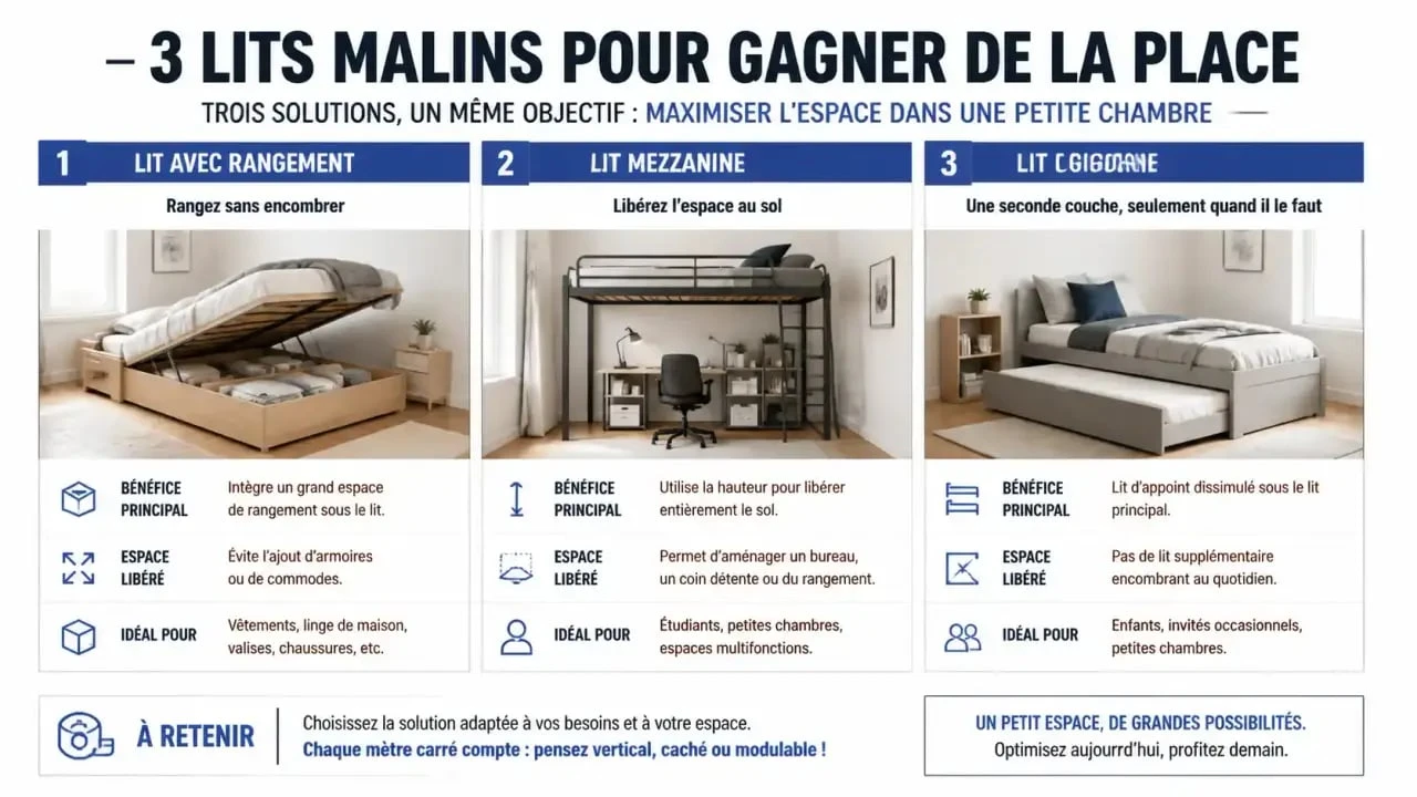 Comparatif des types de lits pour petite chambre : lit coffre, mezzanine et gigogne