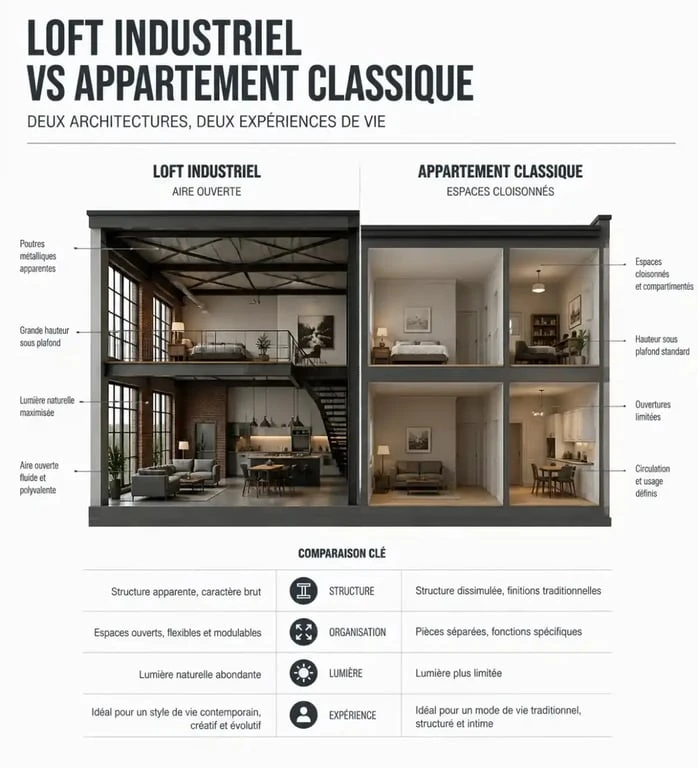 Comparaison architecturale entre un loft et un appartement classique pour comprendre la définition d un loft