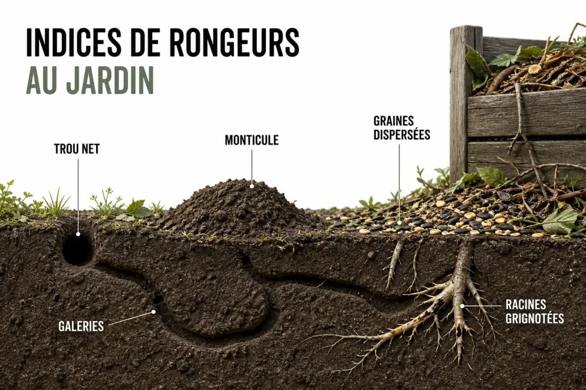 Rongeurs du jardin : indices de présence comme trous, galeries et racines grignotées