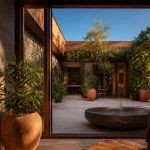 Patio dans maison : cour intérieure lumineuse avec fontaine et baies coulissantes.