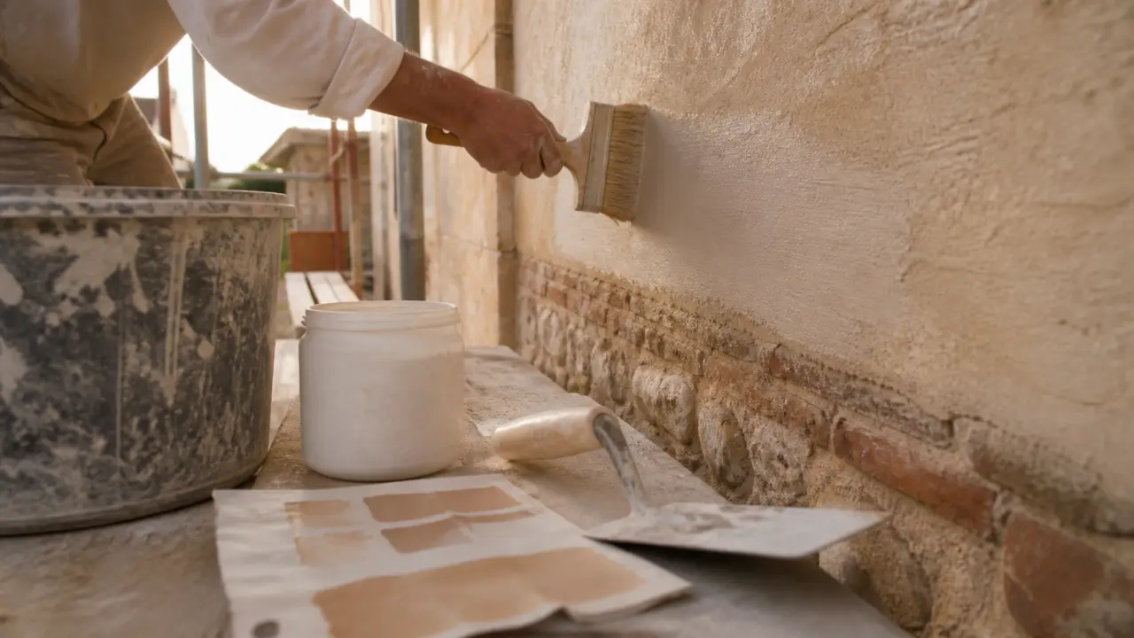 Peinture extérieur à la chaux sur façade, artisan à la brosse à badigeonner