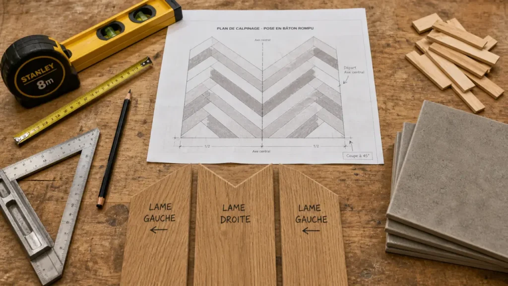 Pose chevron : lames à 45°, sens gauche/droite et erreurs à éviter