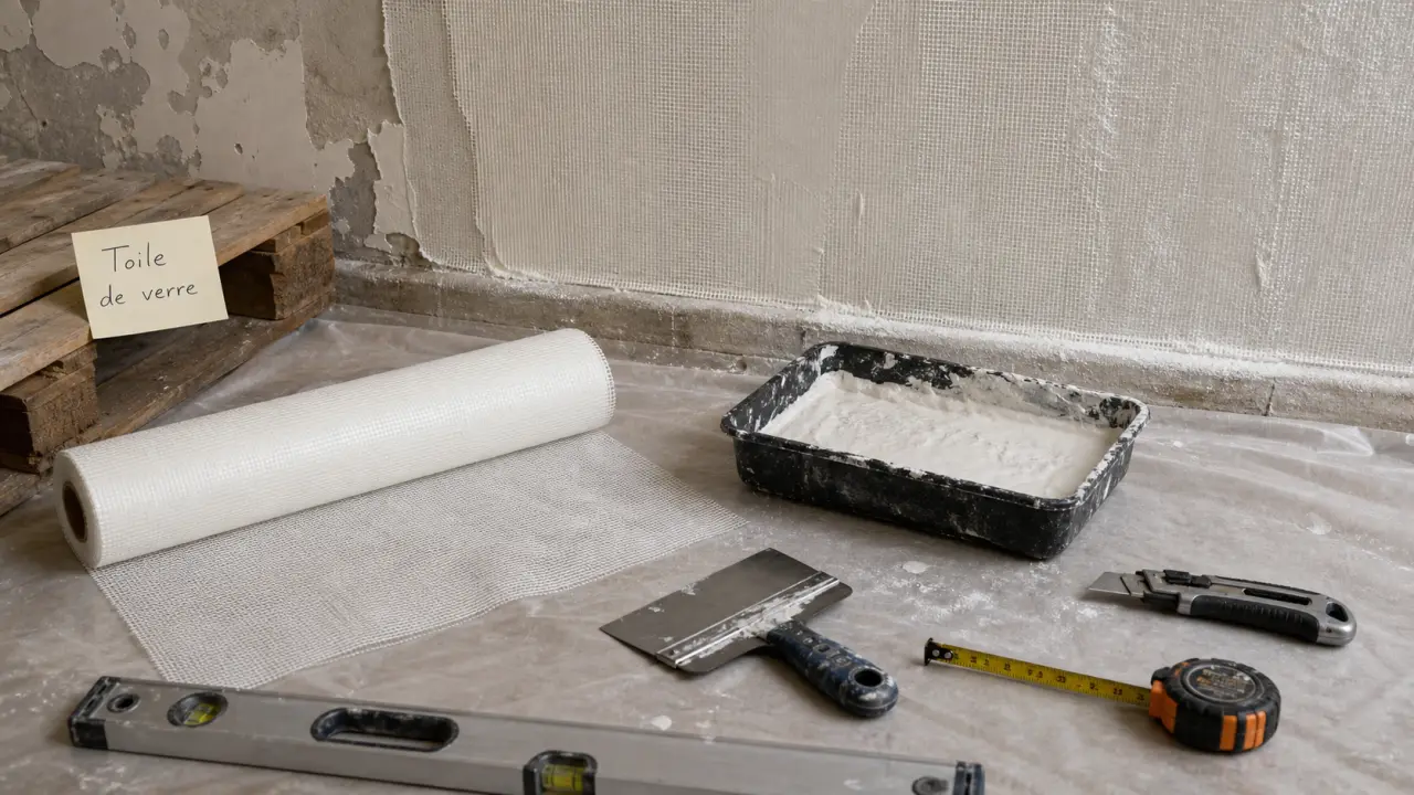 Pose toile de verre murale : mur prêt, toile à maroufler et colle
