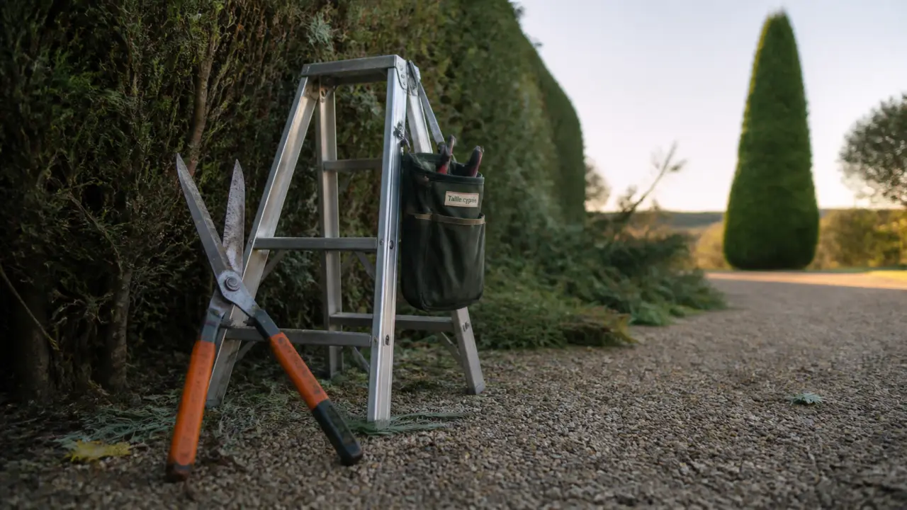 Taille cypres : cisaille et escabeau pour la coupe en jardin
