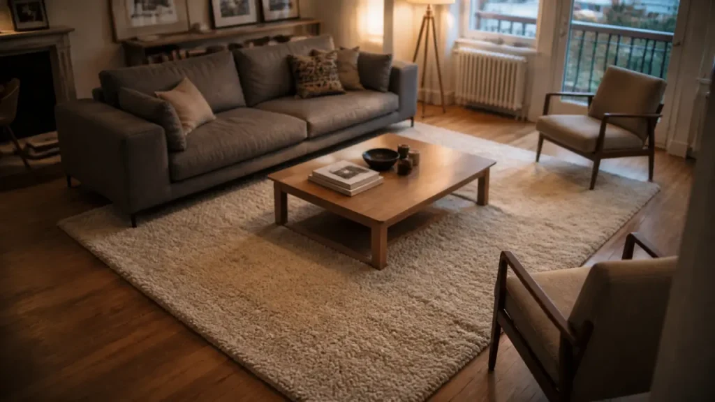 Sous le canapé, devant lui ou sous tout le mobilier : où placer un tapis dans le salon ?