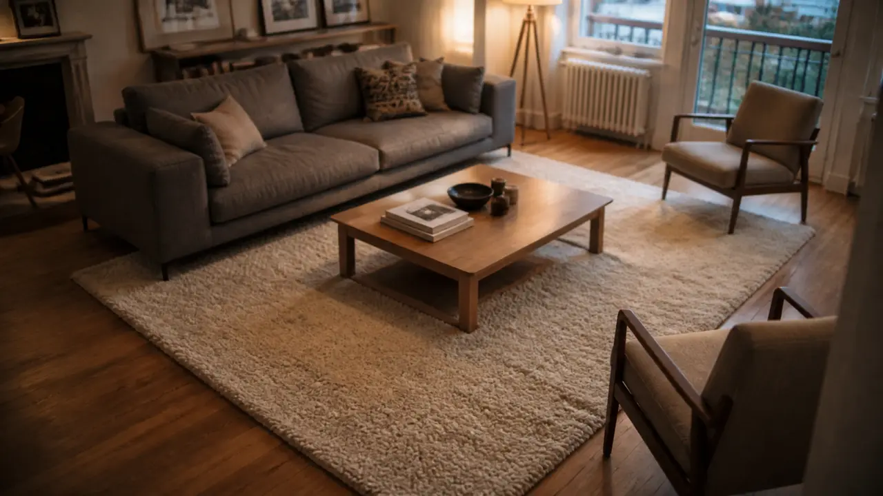 Tapis dans salon sous le canapé, laine épaisse et sol parquet