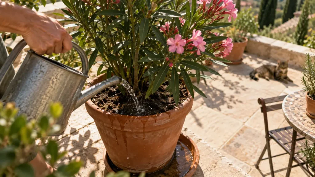 Arrosez le laurier-rose en pot en profondeur, puis videz la soucoupe