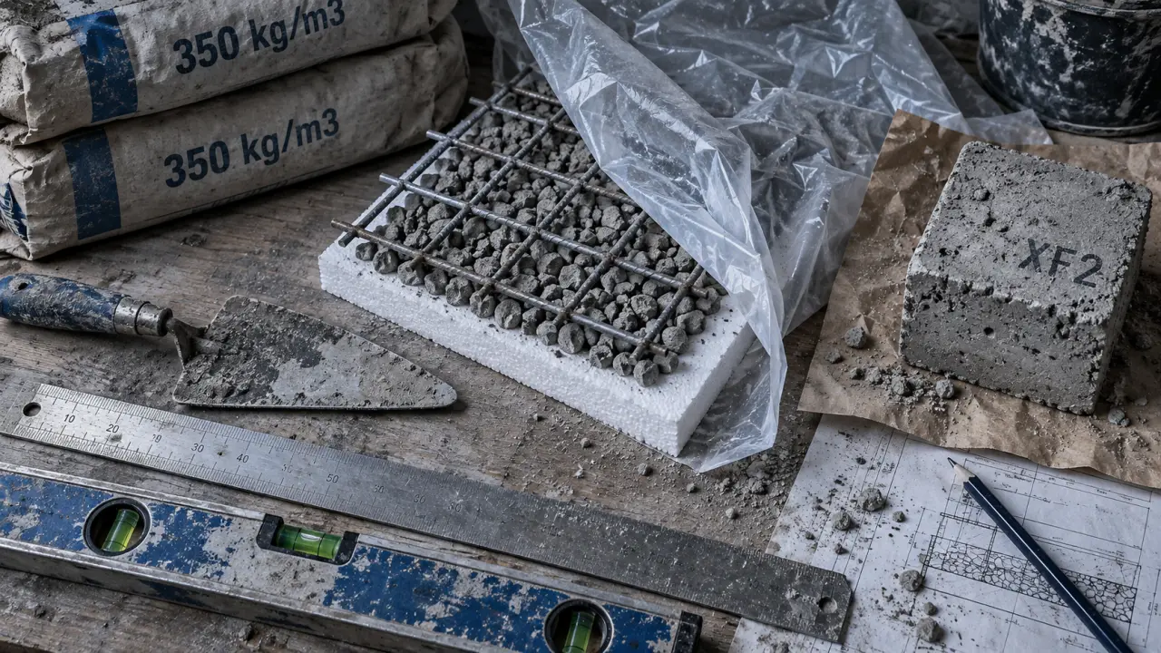Beton pour dalle exterieur : règle, treillis et échantillon de dalle