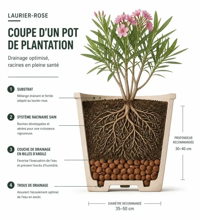 Schéma de drainage pour la plantation en pot du laurier-rose