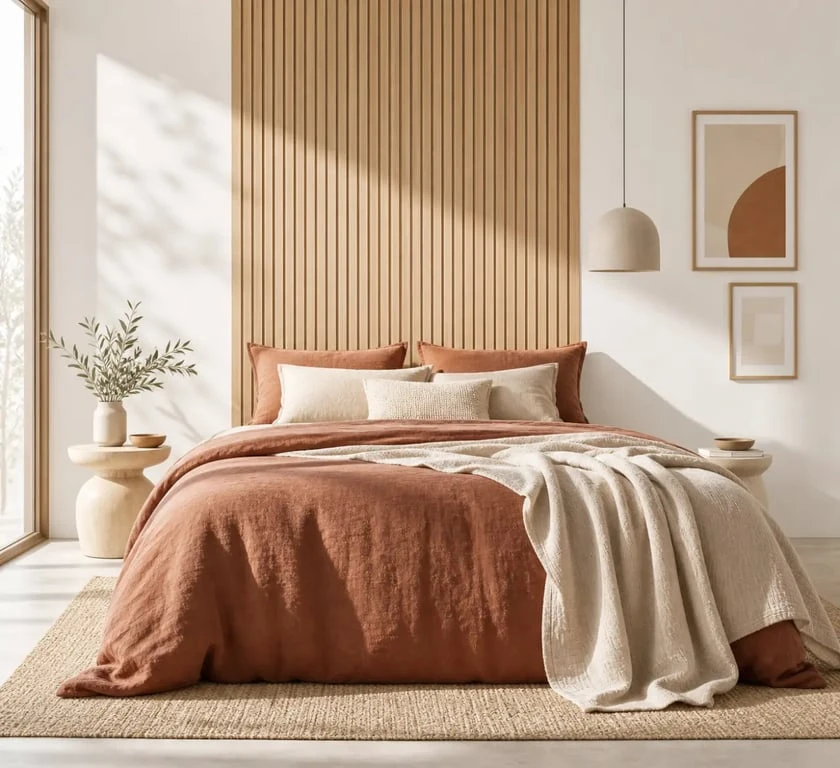 Décorer un mur blanc dans une chambre avec un panneau de bois et quelques cadres