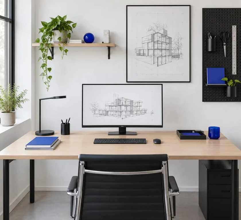 Décorer un mur blanc dans un bureau avec des étagères et une décoration utile