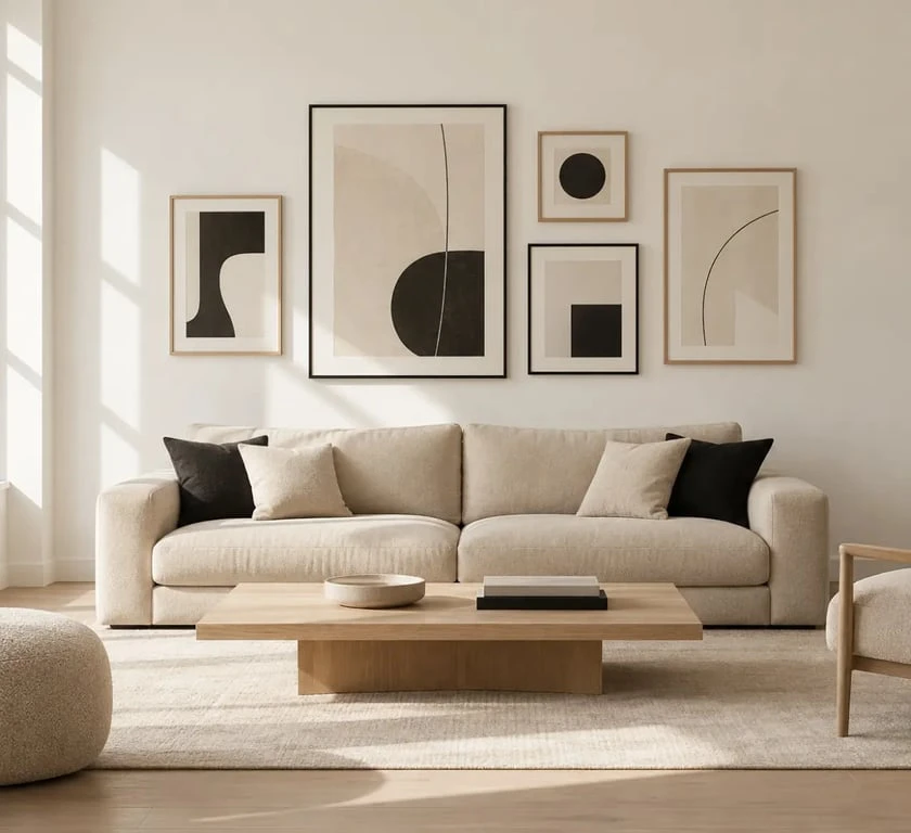 Idée pour décorer un mur blanc du salon avec une galerie de cadres