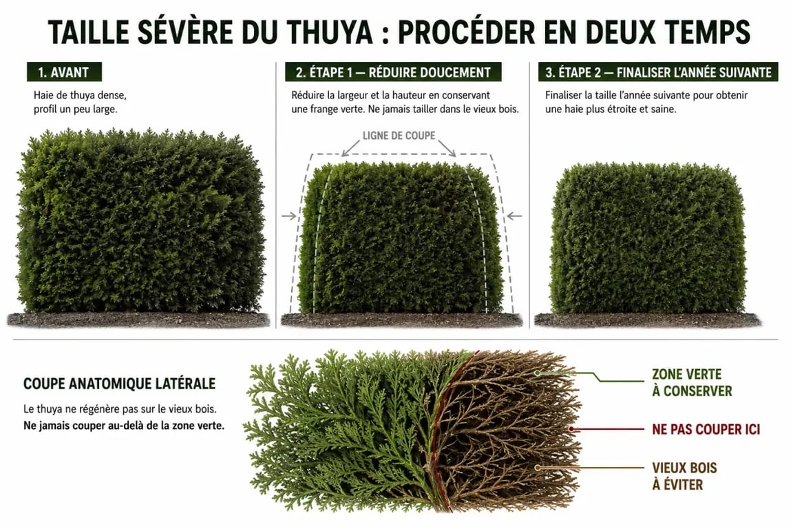 Thuya taille sévère : avant/après d’une taille progressive avec zones de vieux bois à éviter