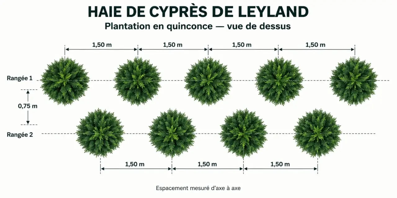 Schéma de plantation en quinconce du cyprès de Leyland