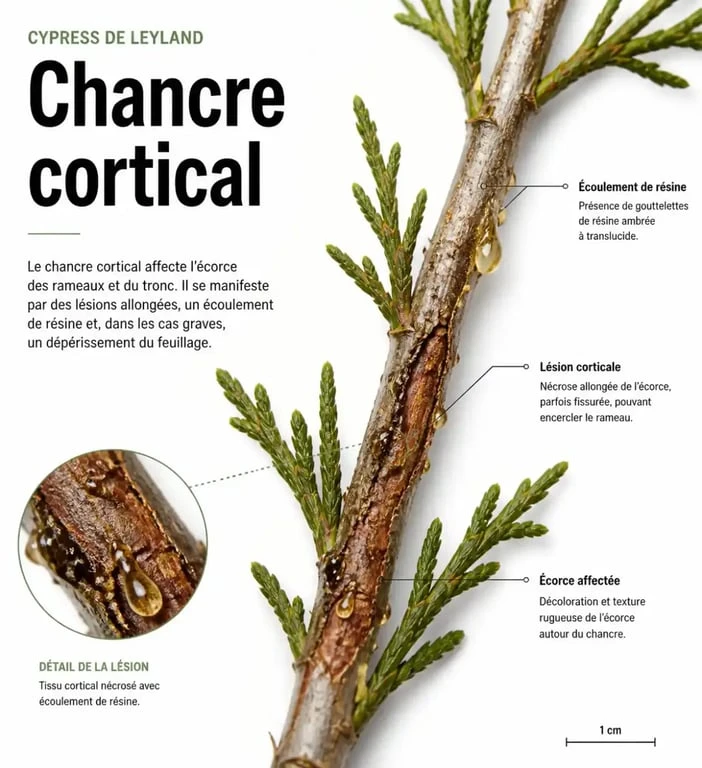 Signes du chancre cortical sur cyprès de Leyland