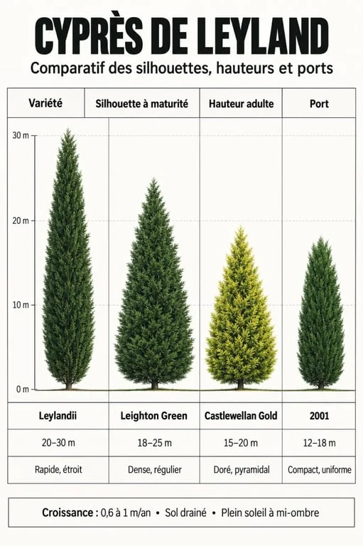 Tableau comparatif des variétés de cyprès de Leyland