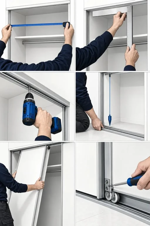 Étapes pour poser une porte de placard coulissante avec alignement des rails et réglage des vantaux