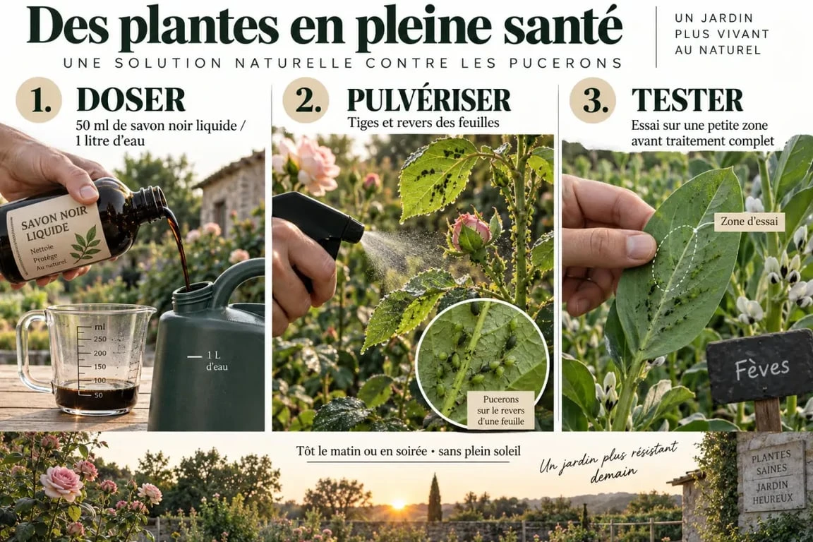 Illustration des étapes d'utilisation du savon noir contre les pucerons sur le revers des feuilles