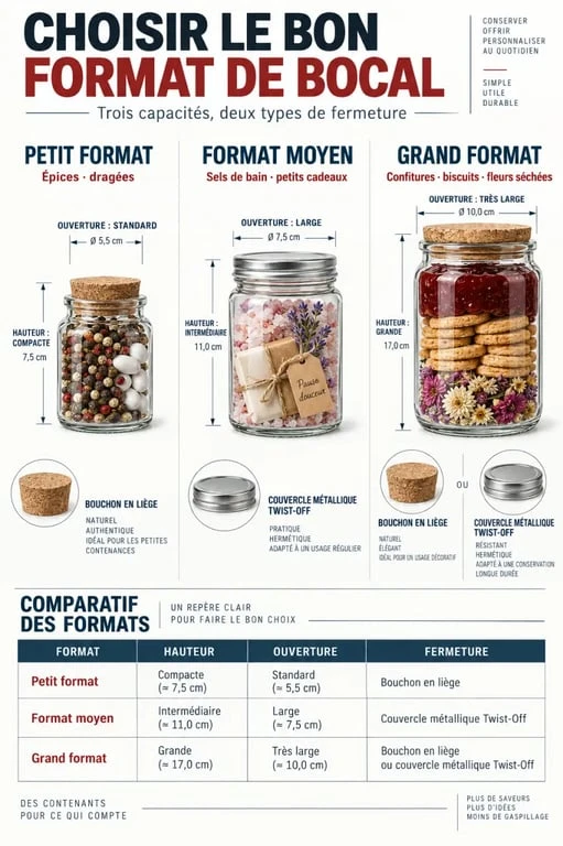 Infographie déco bocaux comparant formats, ouvertures et usages