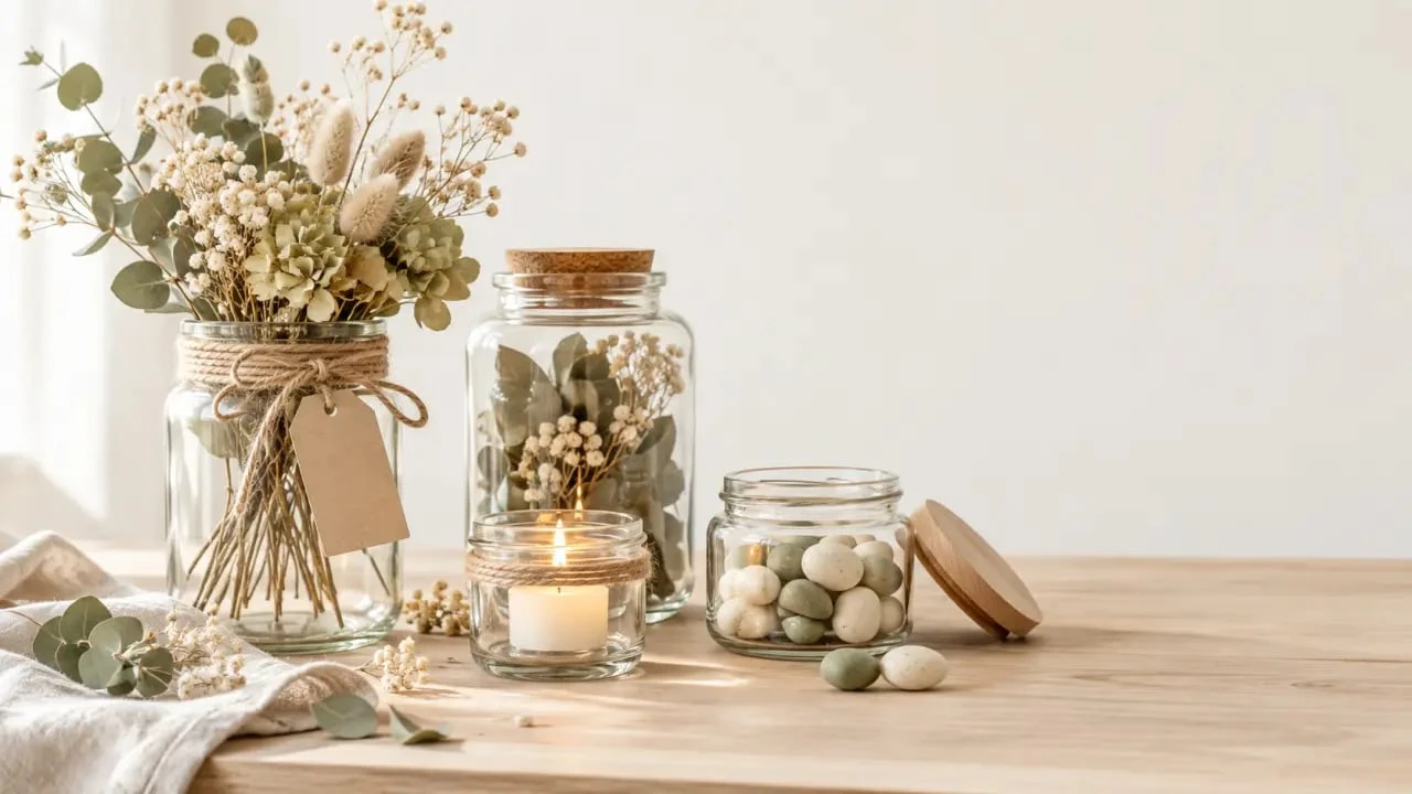 Idées de déco bocaux en verre avec fleurs séchées, étiquettes et photophores