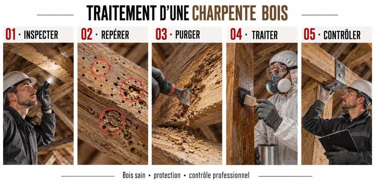Étapes du traitement de charpente bois, du diagnostic à l'application du produit