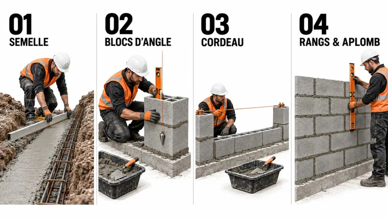 Étapes pour monter un mur en parpaing avec semelle, cordeau et pose en quinconce